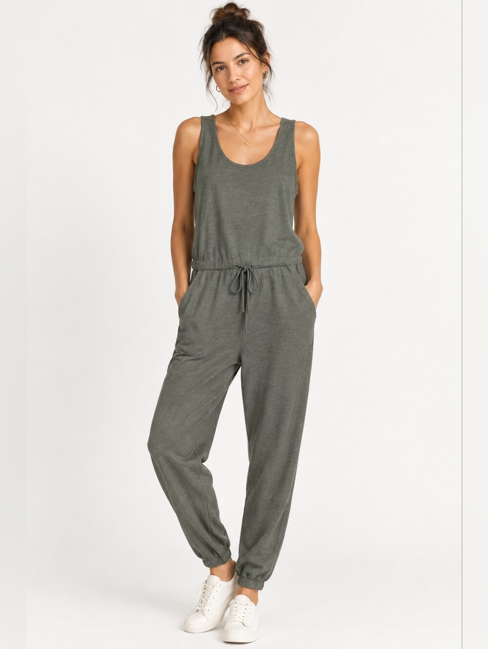 Pact Green All Day Easy Jumpsuit Drawstring Waist and tappered leg organic
